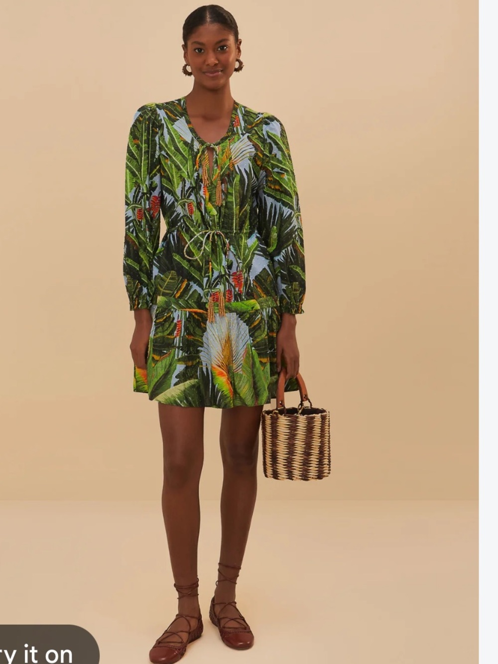Farm Rio “Amazonia Forest” print long sleeve cotton minidress